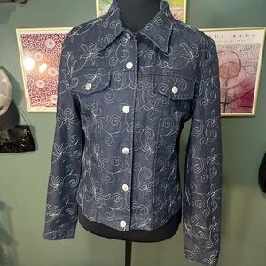 Embroidered Navy Jean Jacket - Women's Embellished Denim Coat